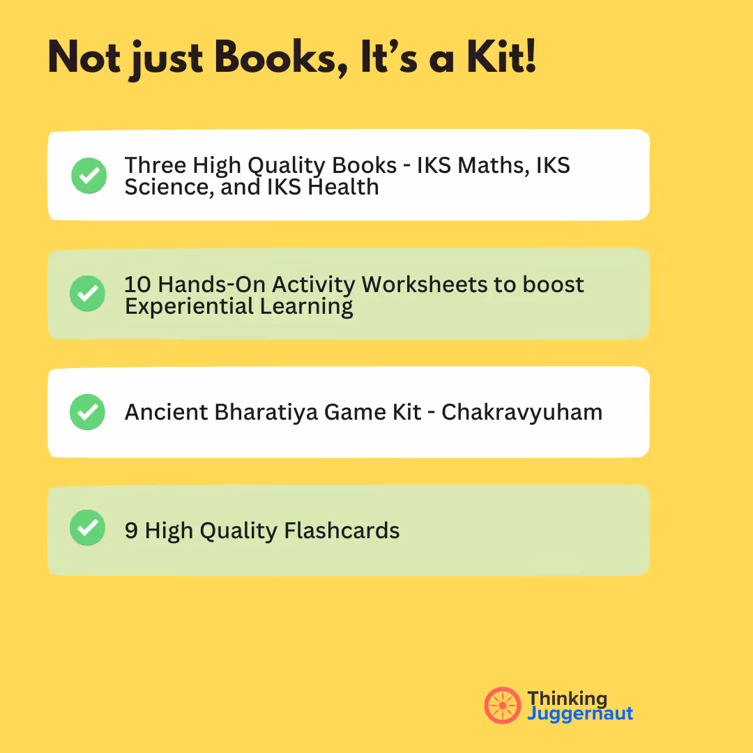List of kit contents: three books, 10 activity worksheets, an ancient game kit, and nine flashcards on yellow background.