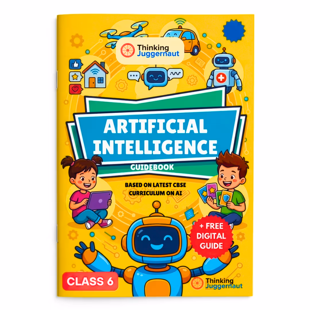 Cover of an Artificial Intelligence guidebook for Class 6 with cartoon kids, a robot, and AI icons on yellow.