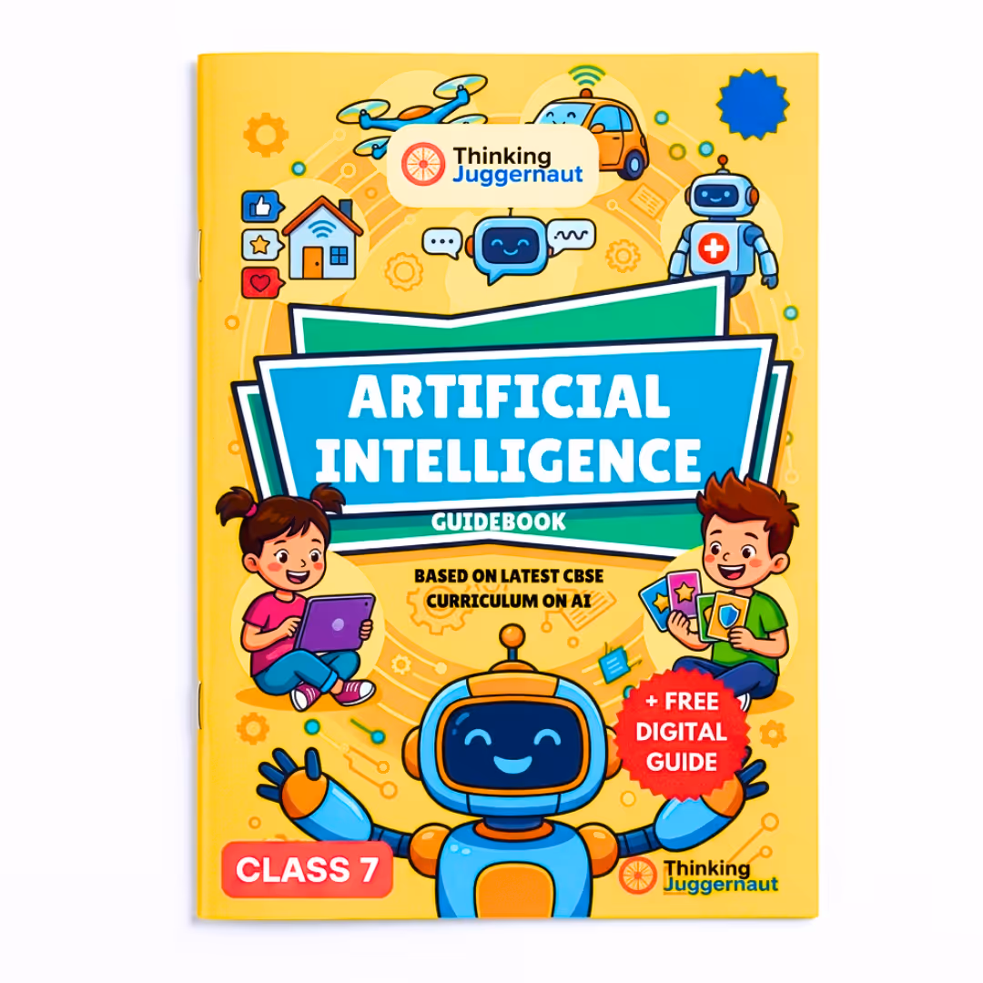 Cover of Class 7 Artificial Intelligence guidebook with robot and children using gadgets on yellow background.