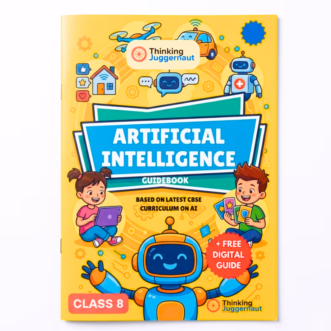 Bright yellow AI guidebook for Class 8 with cartoon robot and kids holding a tablet and cards.