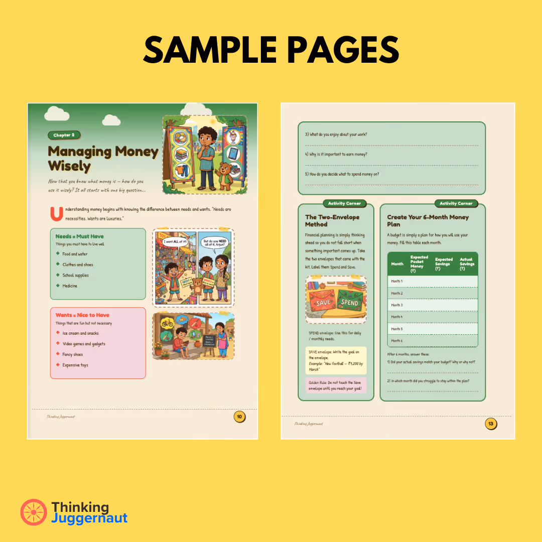 Two pages titled Managing Money Wisely with tips on needs, wants, and money planning activities for kids.