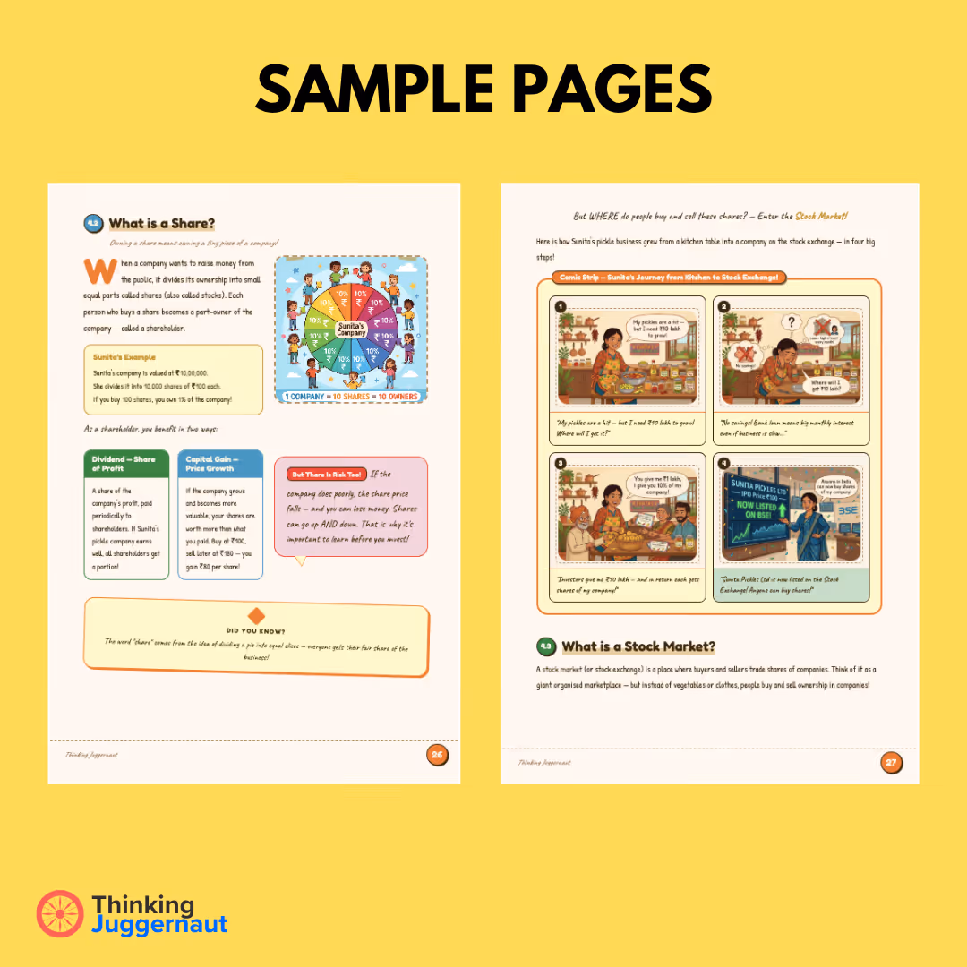 Two educational sample pages explaining shares and stock market with illustrations and comic strip example.