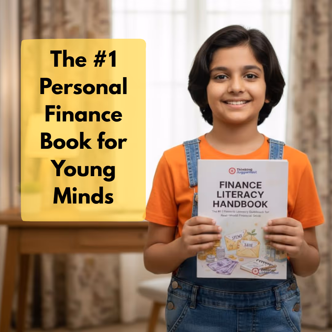 Smiling child in orange shirt and denim overalls holding a Finance Literacy Handbook book.