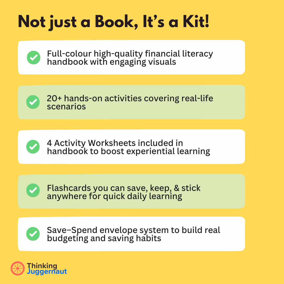 List describing a financial literacy kit with a handbook, activities, worksheets, flashcards, and budgeting system.