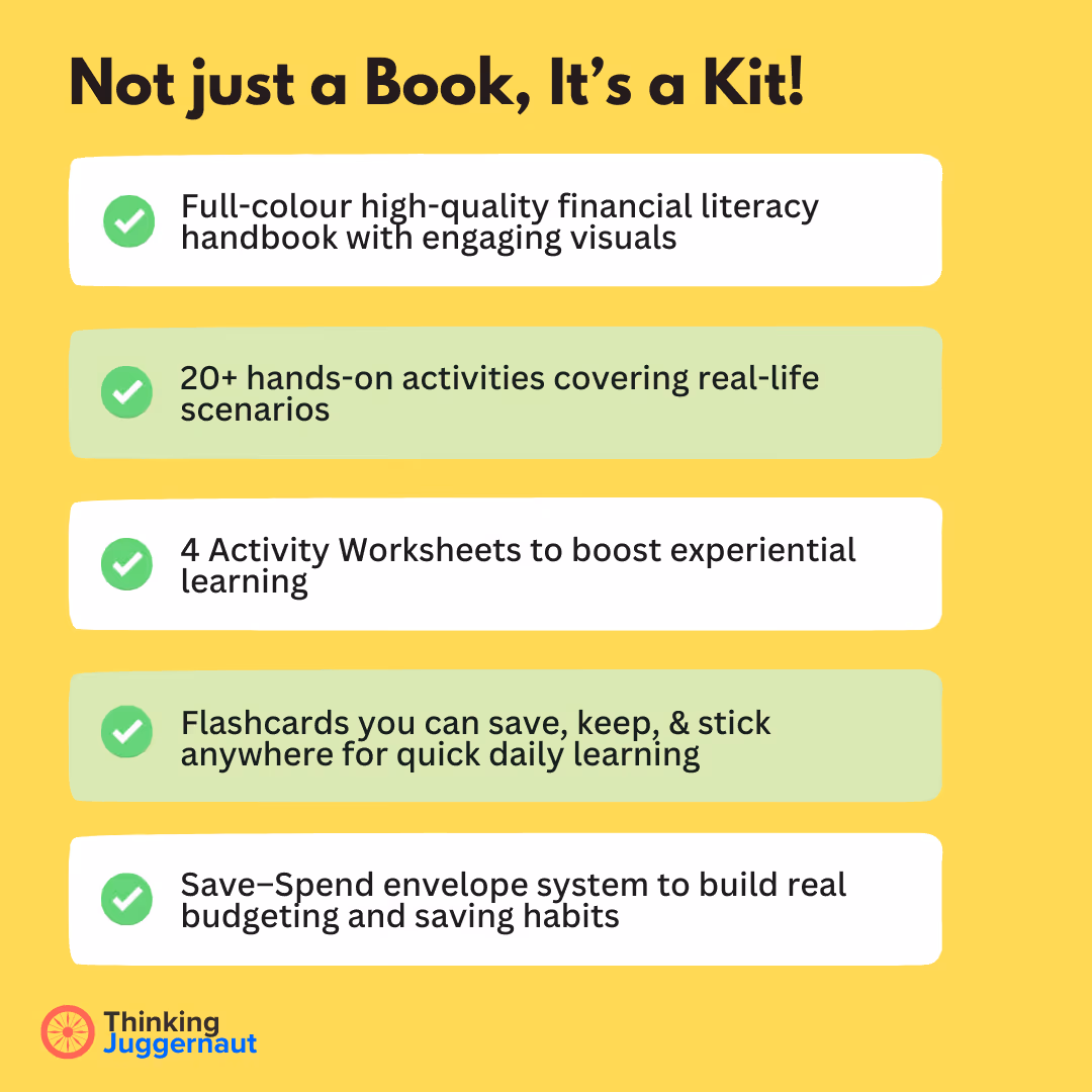 Checklist titled Not just a Book, It’s a Kit! with financial literacy features and Thinking Juggernaut logo.