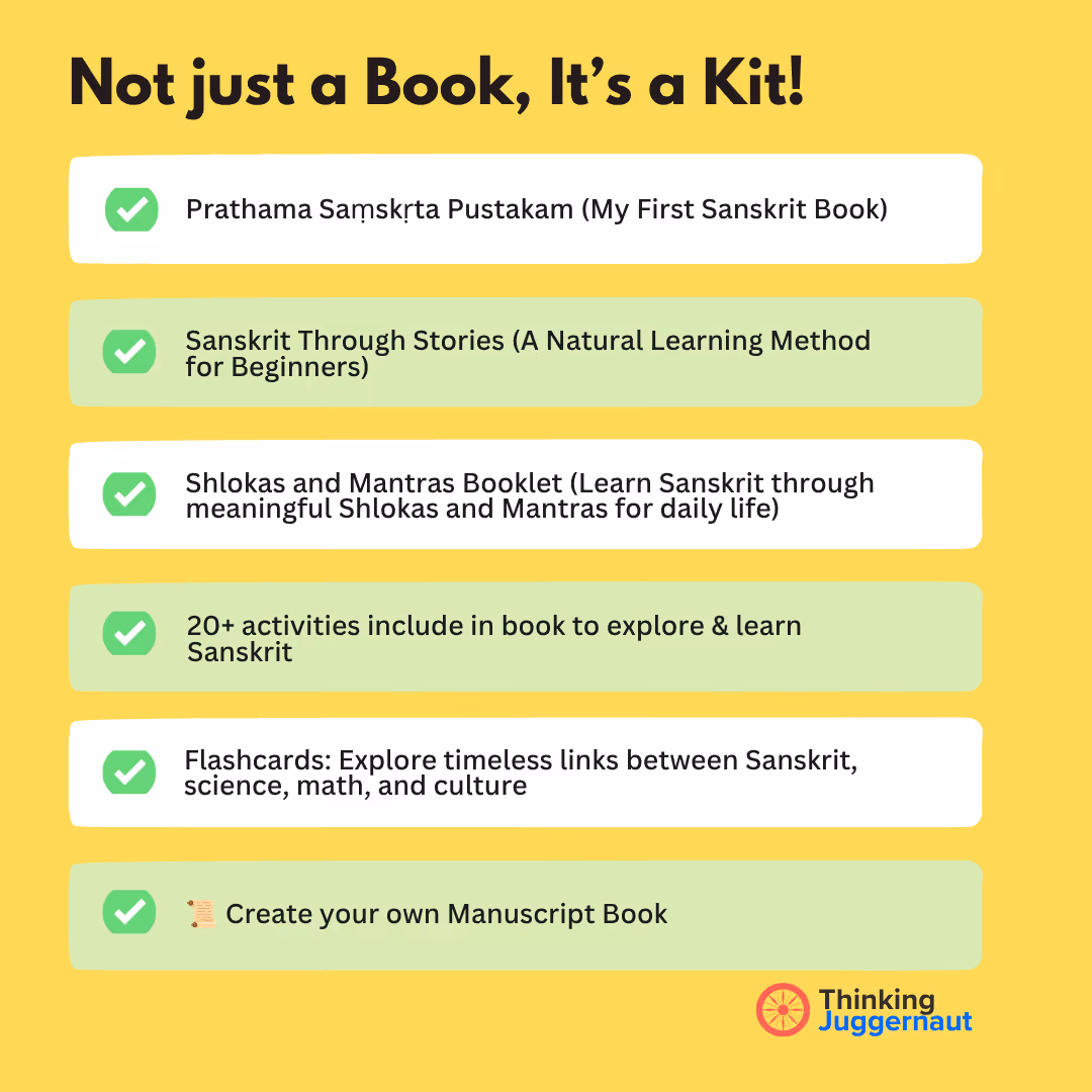 Yellow background list titled 'Not just a Book, It’s a Kit!' with six green checkmarked Sanskrit learning items.