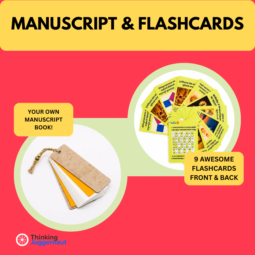 Manuscript book with tassel and a fan of nine educational flashcards in yellow frames on red background.