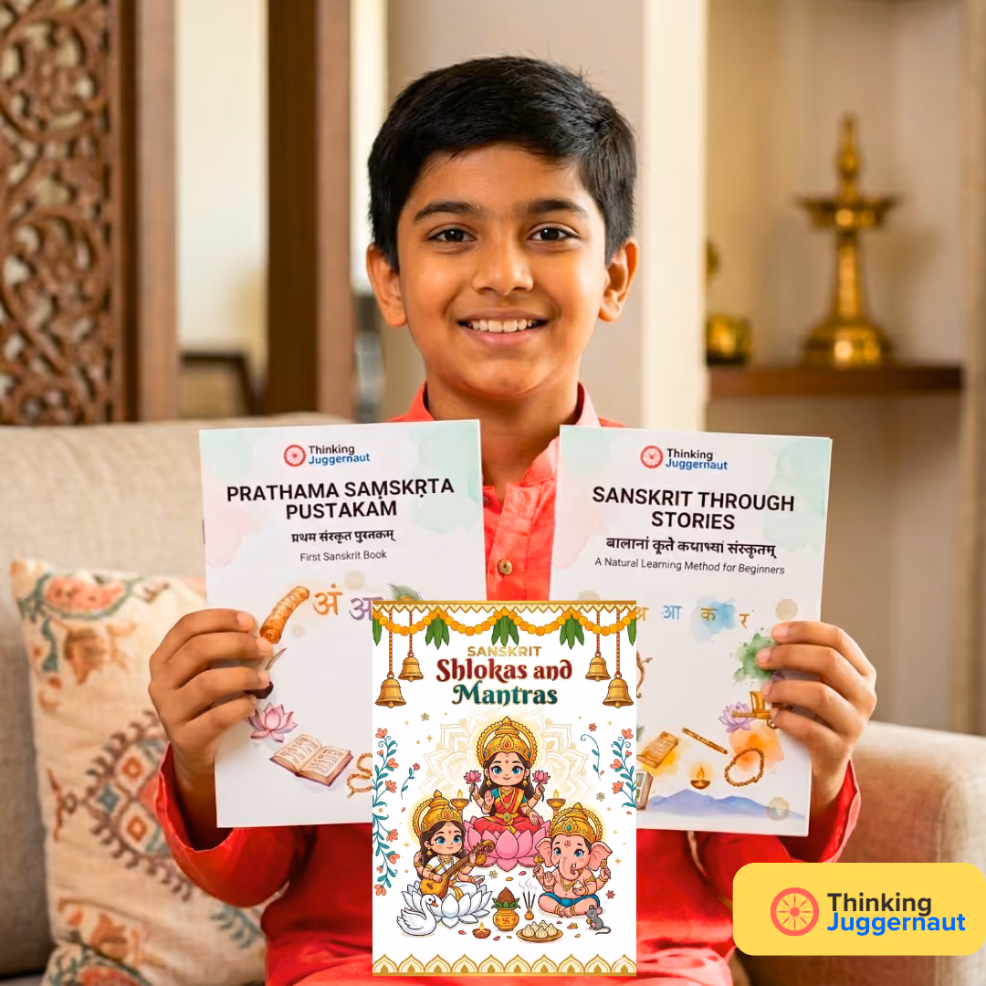 Smiling boy in red holds two Sanskrit learning books from Thinking Juggernaut on a couch.