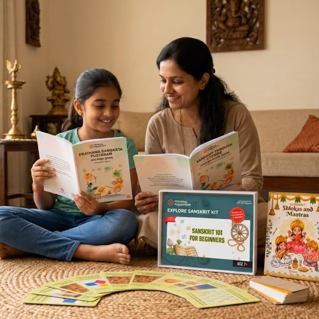 Woman and girl sitting on floor reading Sanskrit learning books with educational cards displayed.
