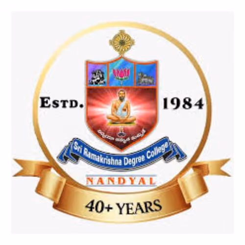 Emblem of Sri Ramakrishna Degree College, Nandyal, with gold circle and banner stating 40+ years since 1984.