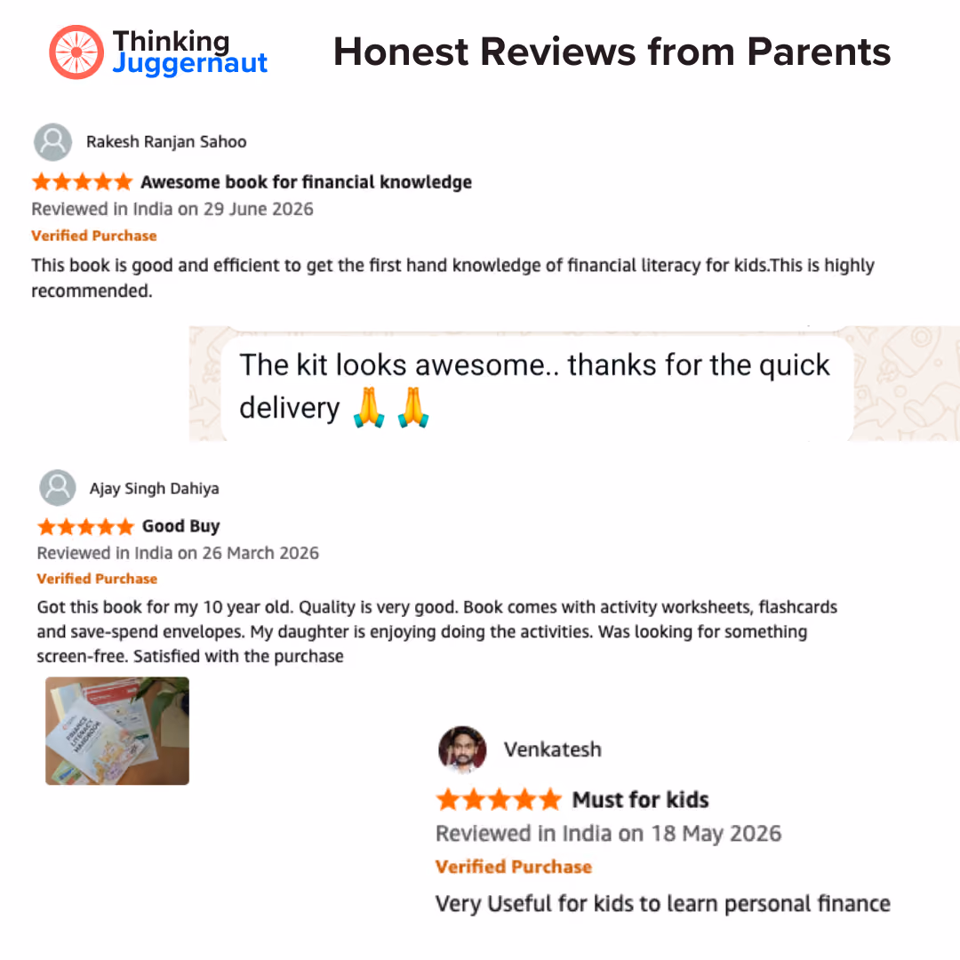 Thinking Juggernaut reviews showing parents praise the book for teaching kids financial literacy and quick delivery.