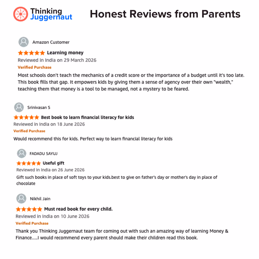 Reviews praising Thinking Juggernaut book for teaching kids financial literacy and money management.