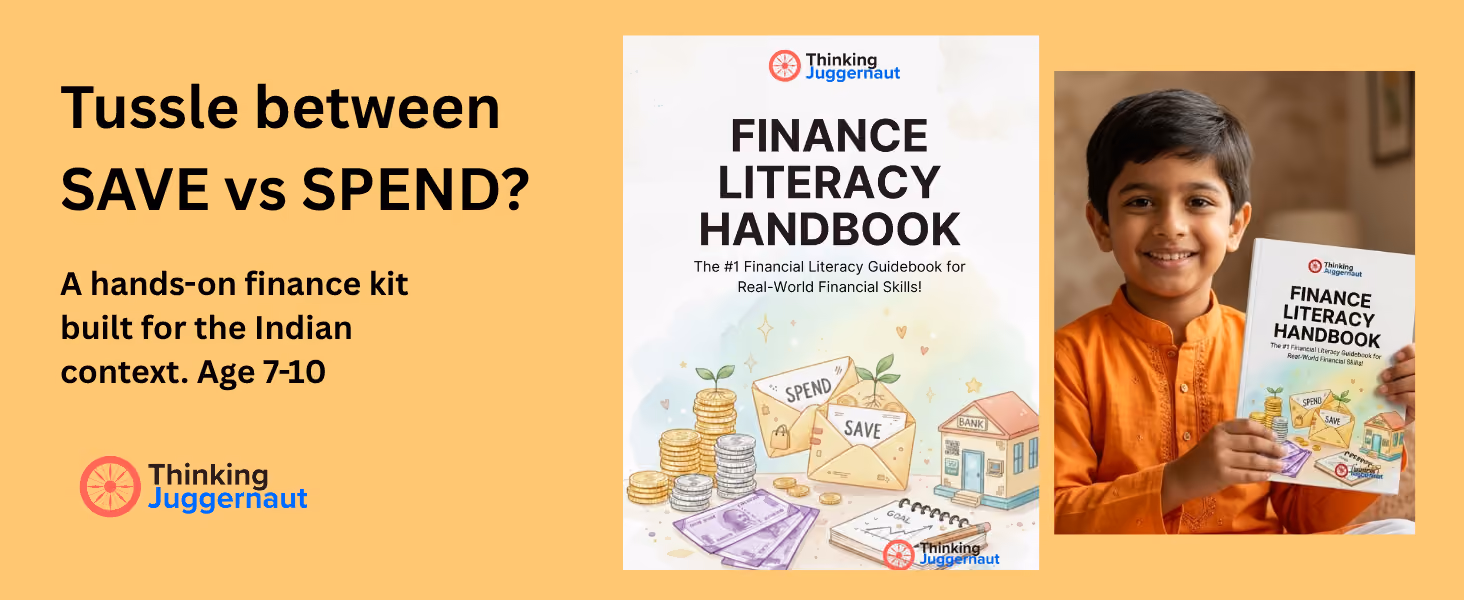 Young boy in orange shirt holding Finance Literacy Handbook with save and spend illustrations.