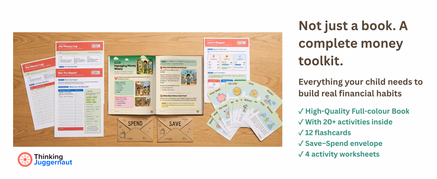 Children's money toolkit with a colorful book, flashcards, worksheets, and save-spend envelopes on a table.