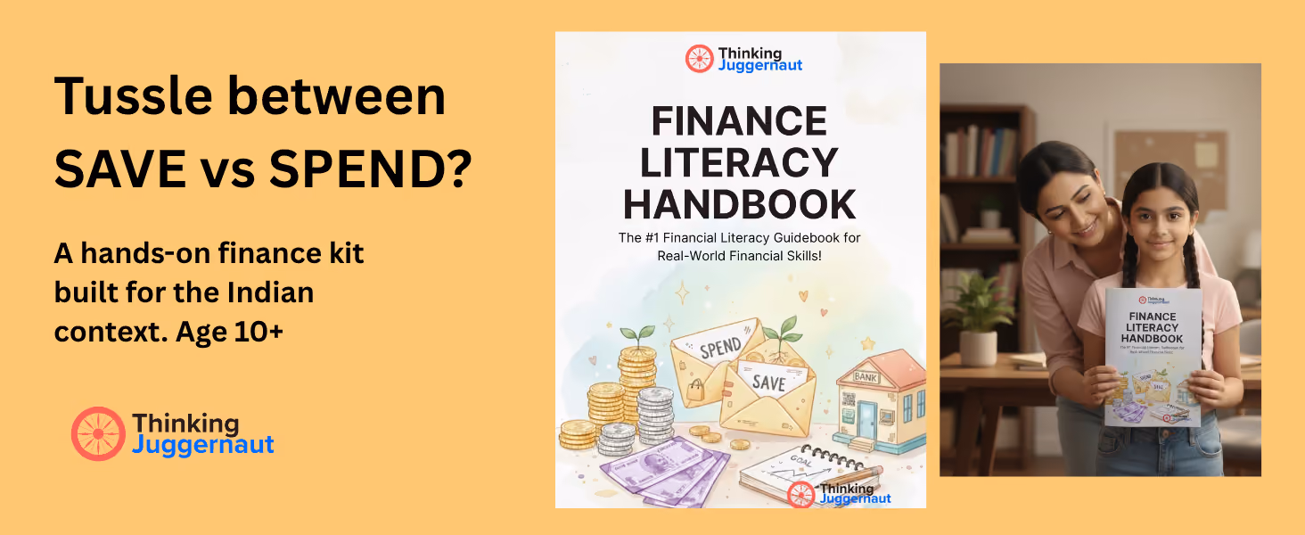 Finance Literacy Handbook cover with save and spend icons, and woman helping girl hold the booklet.