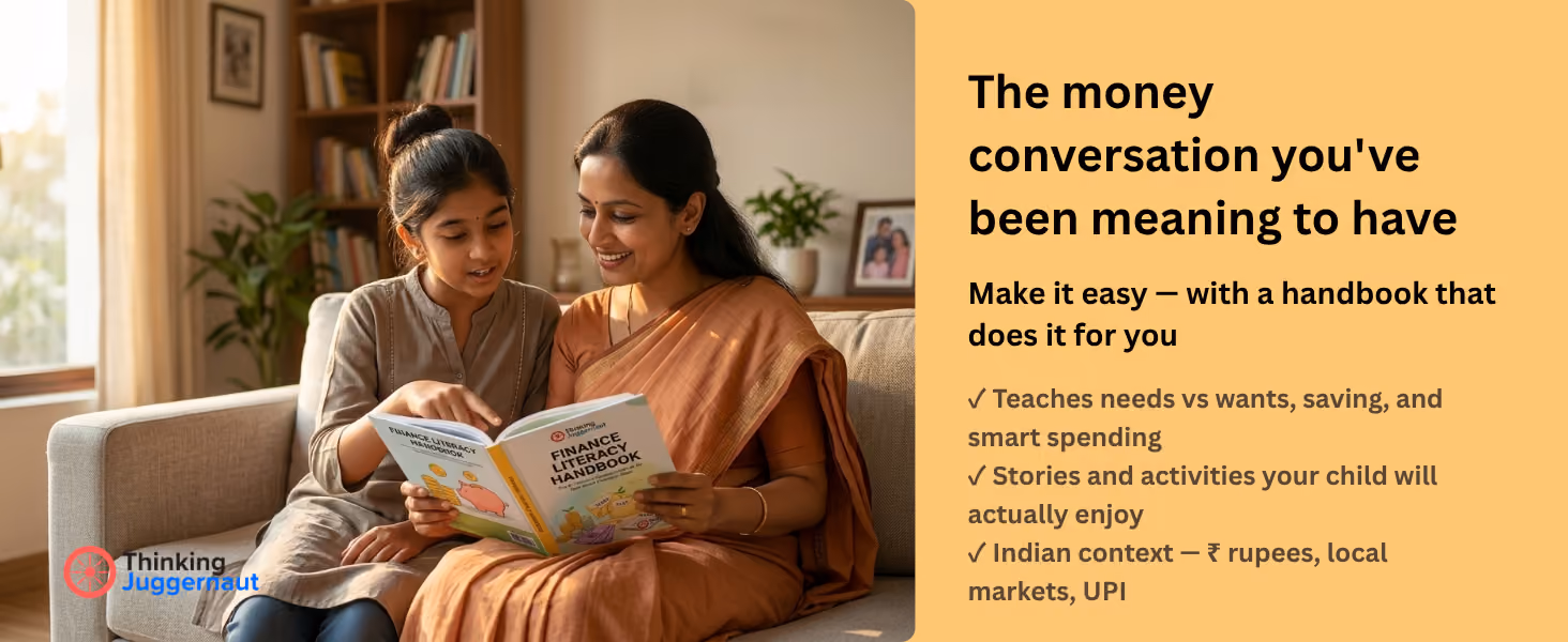 Mother and daughter sitting on a couch reading a Finance Literacy Handbook together.