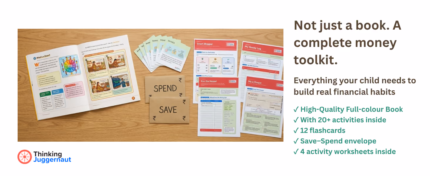 Spread of kids' financial toolkit including book, flashcards, worksheets, and save-spend envelopes on a table.