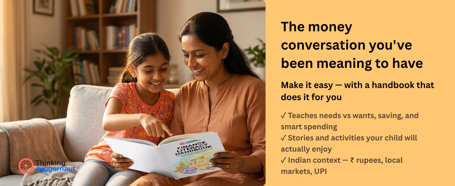Mother and daughter sitting on a couch reading a Finance Literacy Handbook together and smiling.
