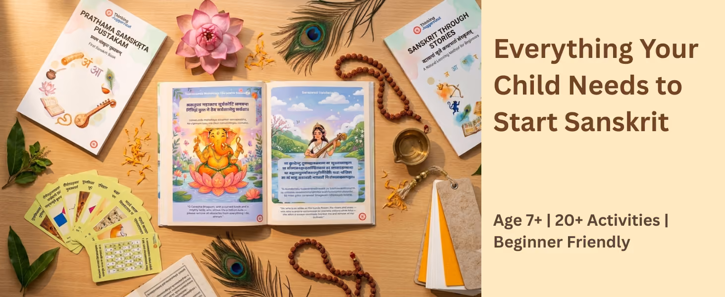 Open children's book with Hindu god Ganesha illustration, Sanskrit cards, peacock feathers, and educational items.