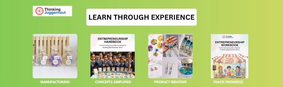 Green banner with Thinking Juggernaut logo, slogan, and images of entrepreneurship steps and products.