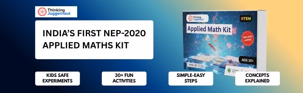 Advertisement for India's first NEP-2020 Applied Maths Kit with kids-safe experiments and 30+ fun activities.