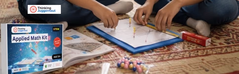 Person using a ruler and pins on a board with lines, applied math kit box nearby on carpet.