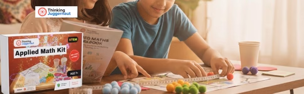 Two children measuring and organizing colorful balls on a table with an Applied Math Kit box nearby.