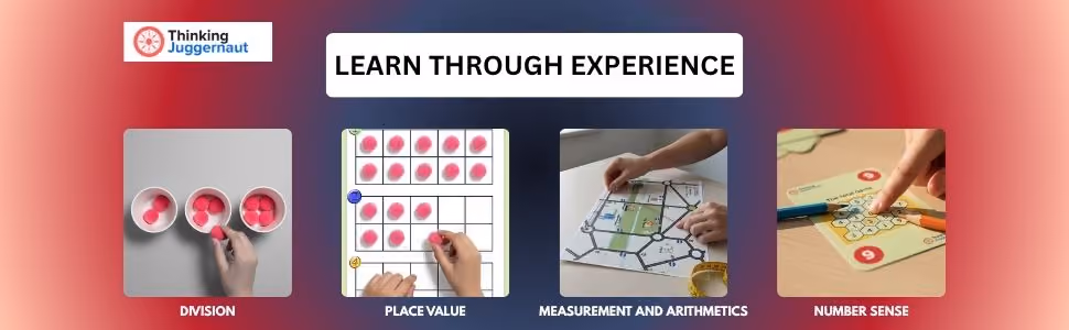 Four hands demonstrating division, place value, measurement, and number sense using hands-on math tools.