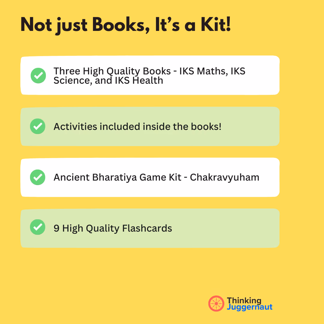 Text listing a kit with three high-quality books, activities, an ancient game kit, and nine flashcards.