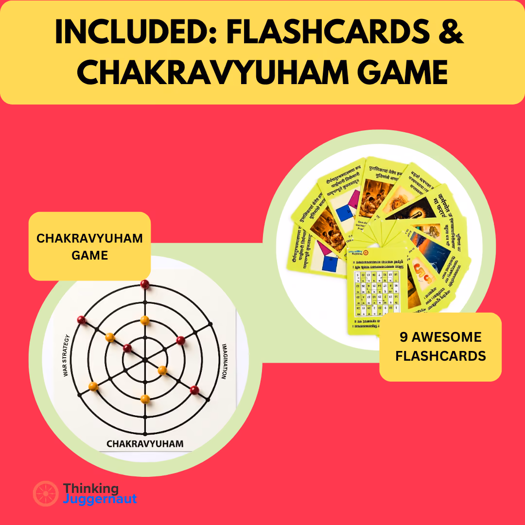 Chakravyuham game with pieces and nine yellow flashcards displayed on a red and green background.