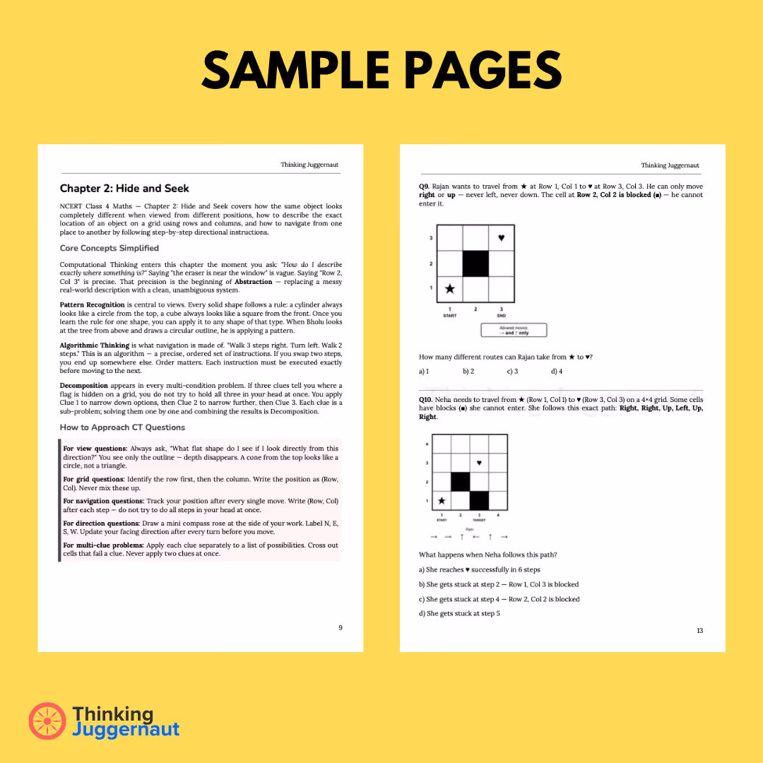 Sample pages showing Chapter 2 on computational thinking and puzzles with grid navigation examples.