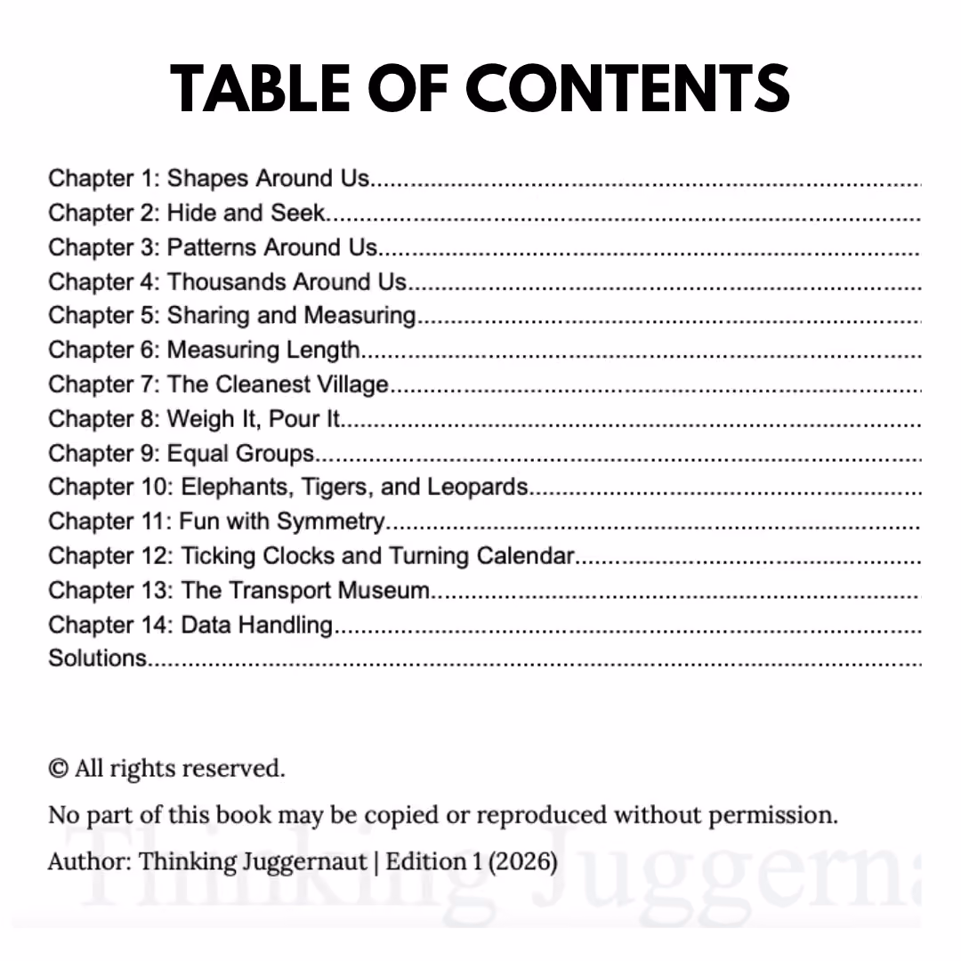 Table of contents listing 14 chapters on shapes, patterns, measuring, symmetry, data, and solutions.
