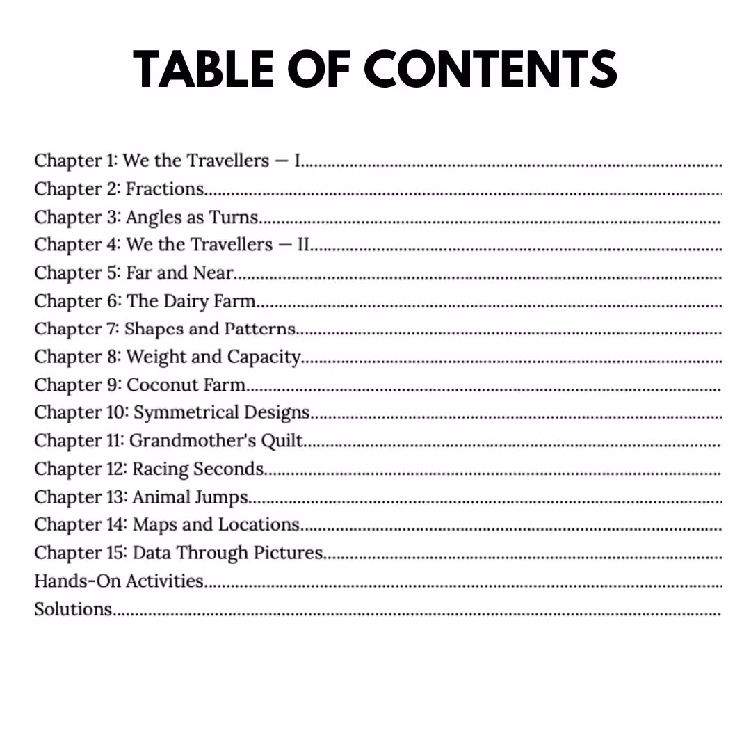 Table of contents listing 15 chapters with titles like We the Travellers, Fractions, Angles, Maps, and Solutions.