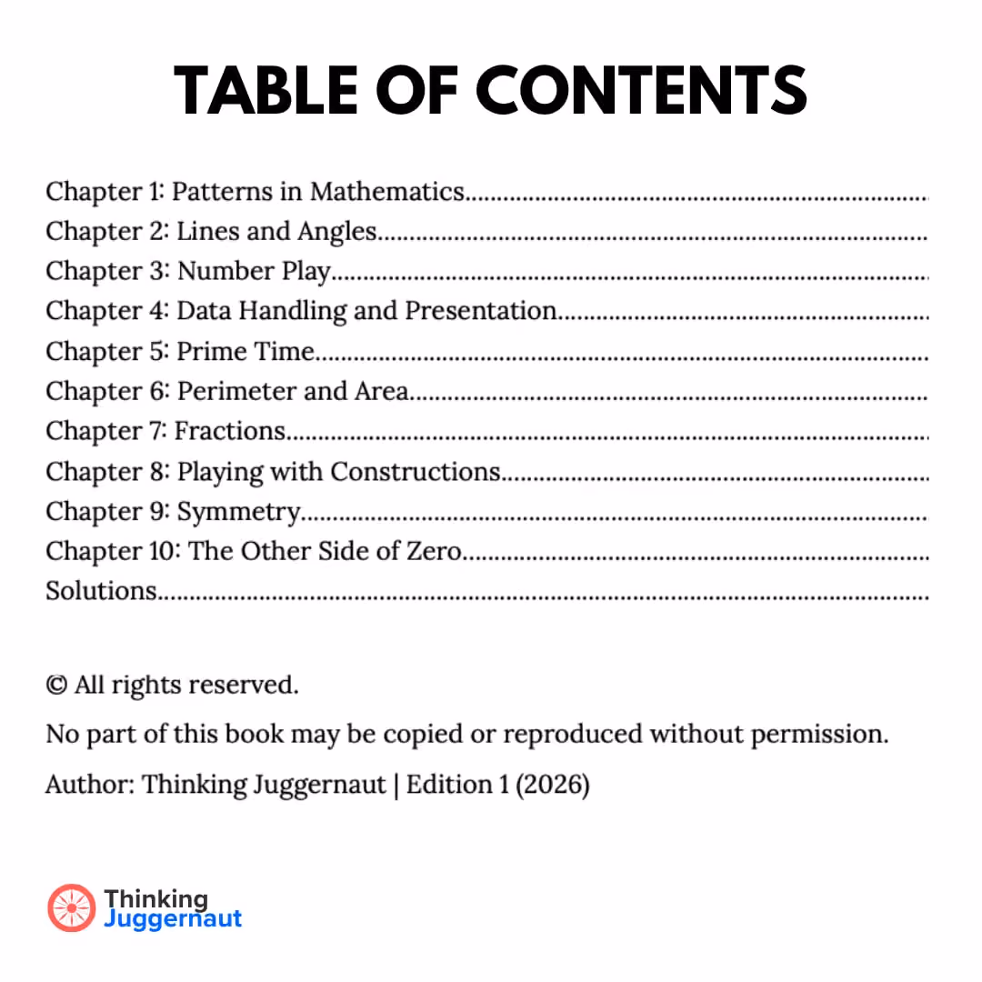 Table of contents listing 10 math chapters on patterns, angles, number play, data, primes, area, fractions, symmetry, zero.