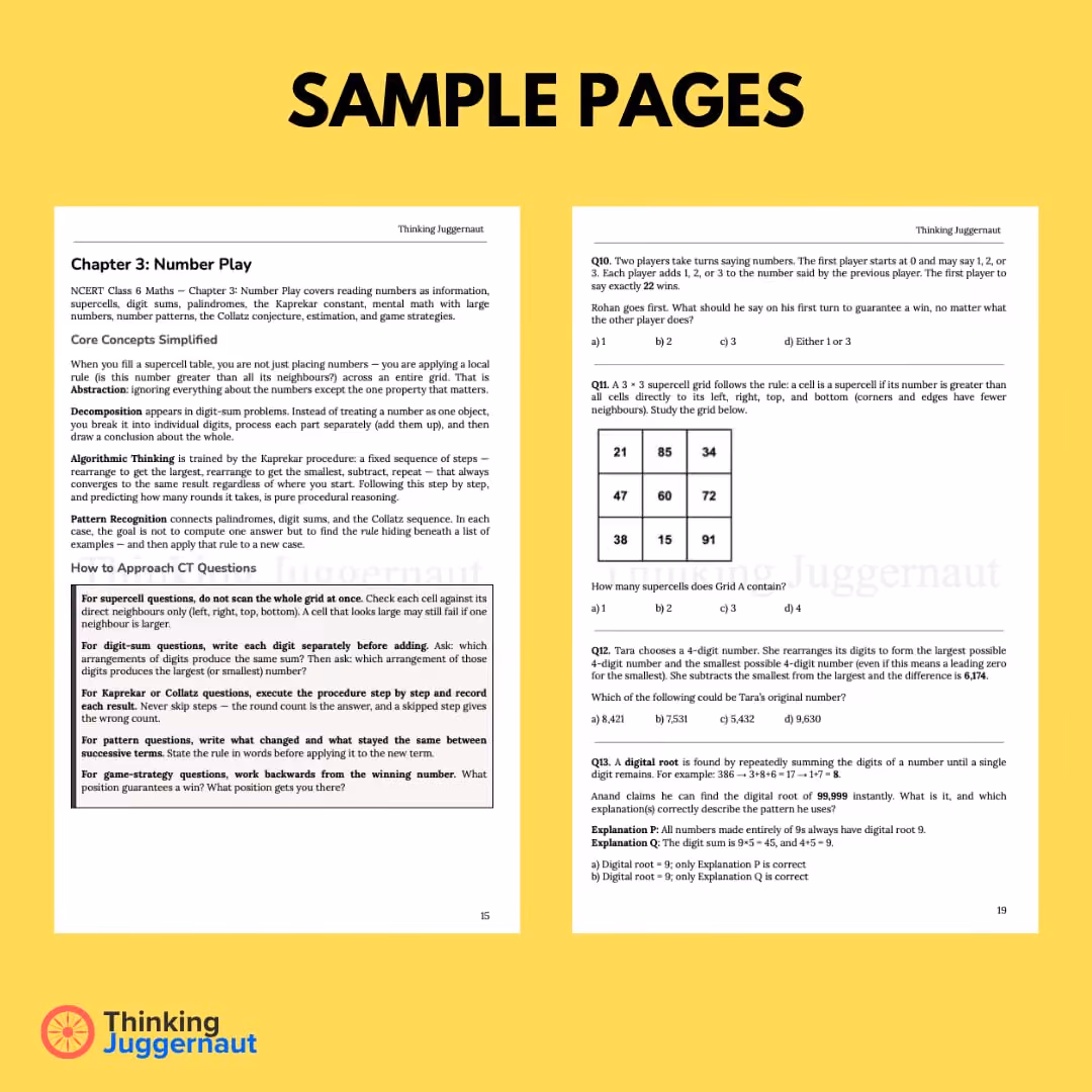 Two sample pages with math concepts and puzzles on number play, supercells, digit sums, and pattern recognition.