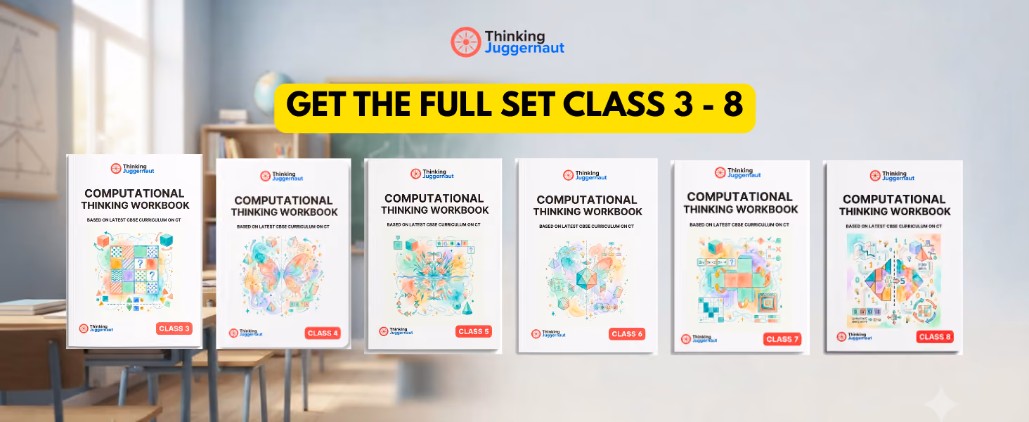 Six Thinking Juggernaut computational thinking workbooks for classes 3 to 8 with colorful abstract covers.