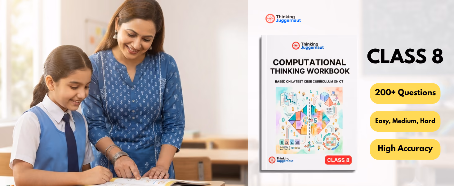 Teacher helping smiling schoolgirl in uniform read workbook about computational thinking for class 8.