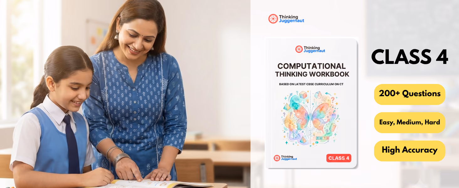 Teacher guiding a smiling girl in school uniform reading a workbook on computational thinking for class 4.