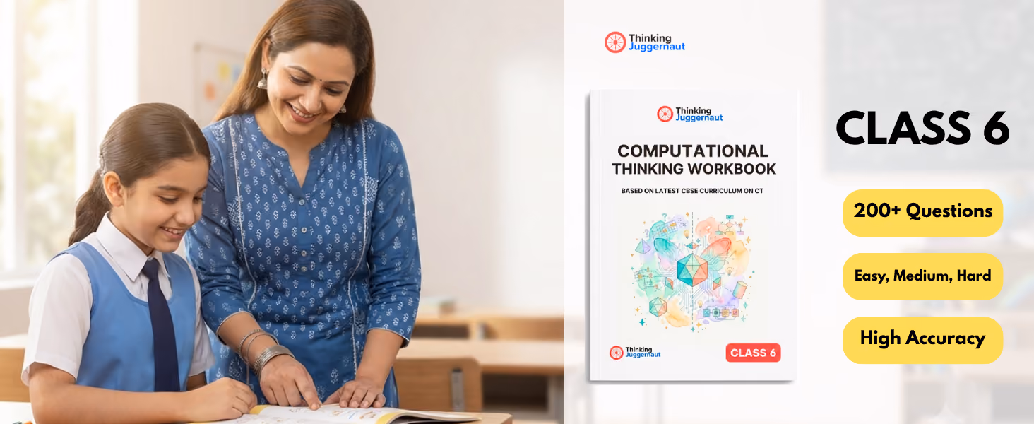 Teacher helping a smiling girl in school uniform study, next to Computational Thinking Workbook for Class 6.