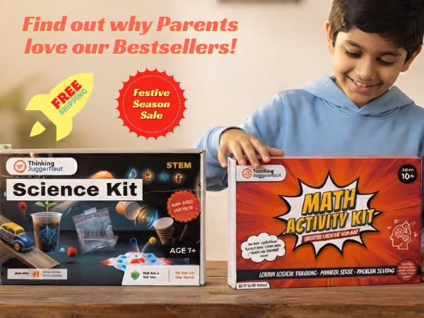 A boy in a blue hoodie smiles while holding a red Math Activity Kit box next to a Thinking Juggernaut Science Kit box on a wooden table, with text reading 'Find out why Parents love our Bestsellers!' and labels 'Free Shipping' and 'Festive Season Sale'.