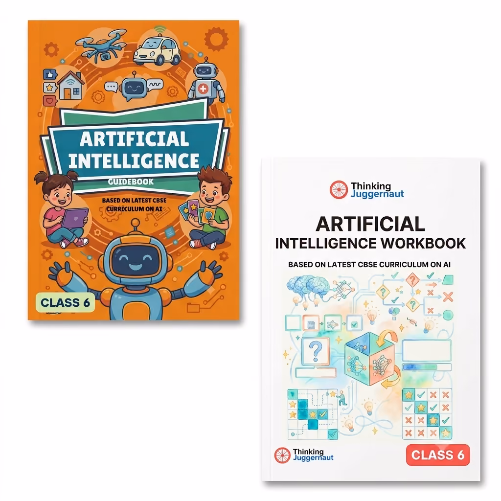 Two educational books for Class 6 on artificial intelligence based on the latest CBSE curriculum, one titled 'Artificial Intelligence Guidebook' with cartoon illustrations of children and a robot on an orange background, and the other titled 'Artificial Intelligence Workbook' with abstract AI-related icons on a white background.