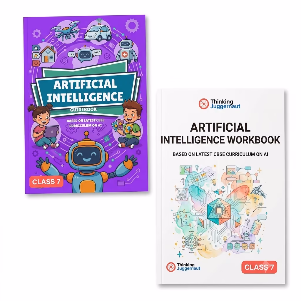 Two educational books for Class 7 on artificial intelligence: a purple guidebook cover with cartoon children and a robot, and a white workbook cover featuring colorful abstract AI-themed graphics and the Thinking Juggernaut logo.
