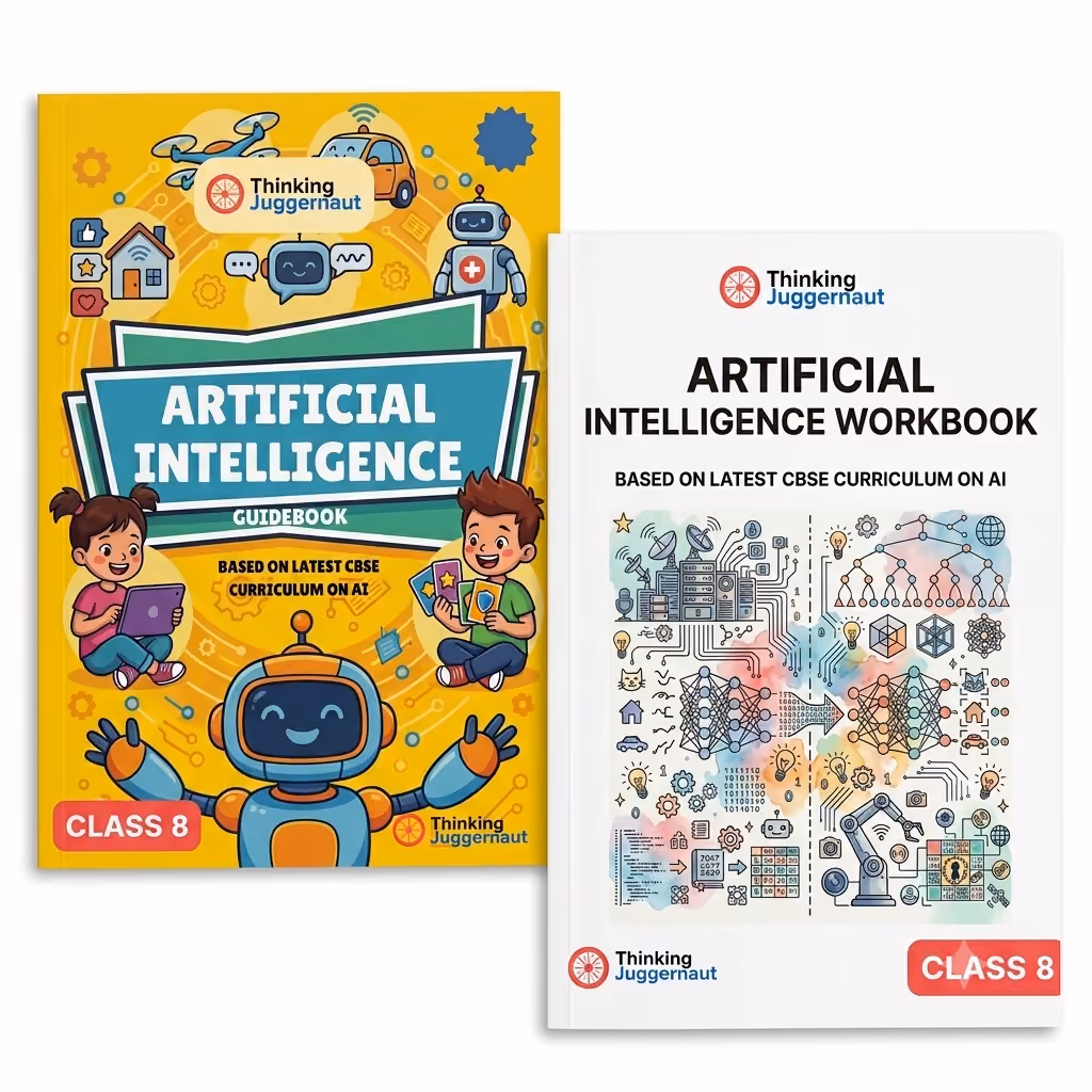 Two educational books for Class 8 on artificial intelligence by Thinking Juggernaut. One book titled 'Artificial Intelligence Guidebook' has a yellow cover with cartoon children using technology and a smiling robot. The other, titled 'Artificial Intelligence Workbook,' features a white cover with colorful illustrations of AI concepts, circuits, neural networks, and robotic arms.