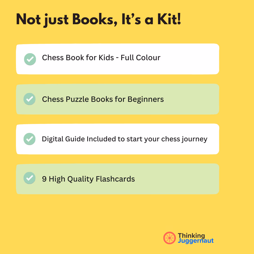 Yellow background with a checklist titled 'Not just Books, It’s a Kit!' including: Chess Book for Kids - Full Colour, Chess Puzzle Books for Beginners, Digital Guide Included to start your chess journey, and 9 High Quality Flashcards. Each item has a green checkmark. 'Thinking Juggernaut' logo is at the bottom right.