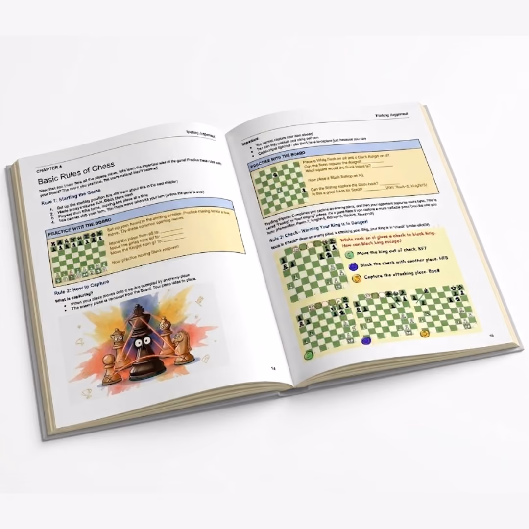 Open book explaining the basic rules of chess with text, diagrams of chessboards showing moves, and an illustration of animated chess pieces including a king and pawns with eyes.