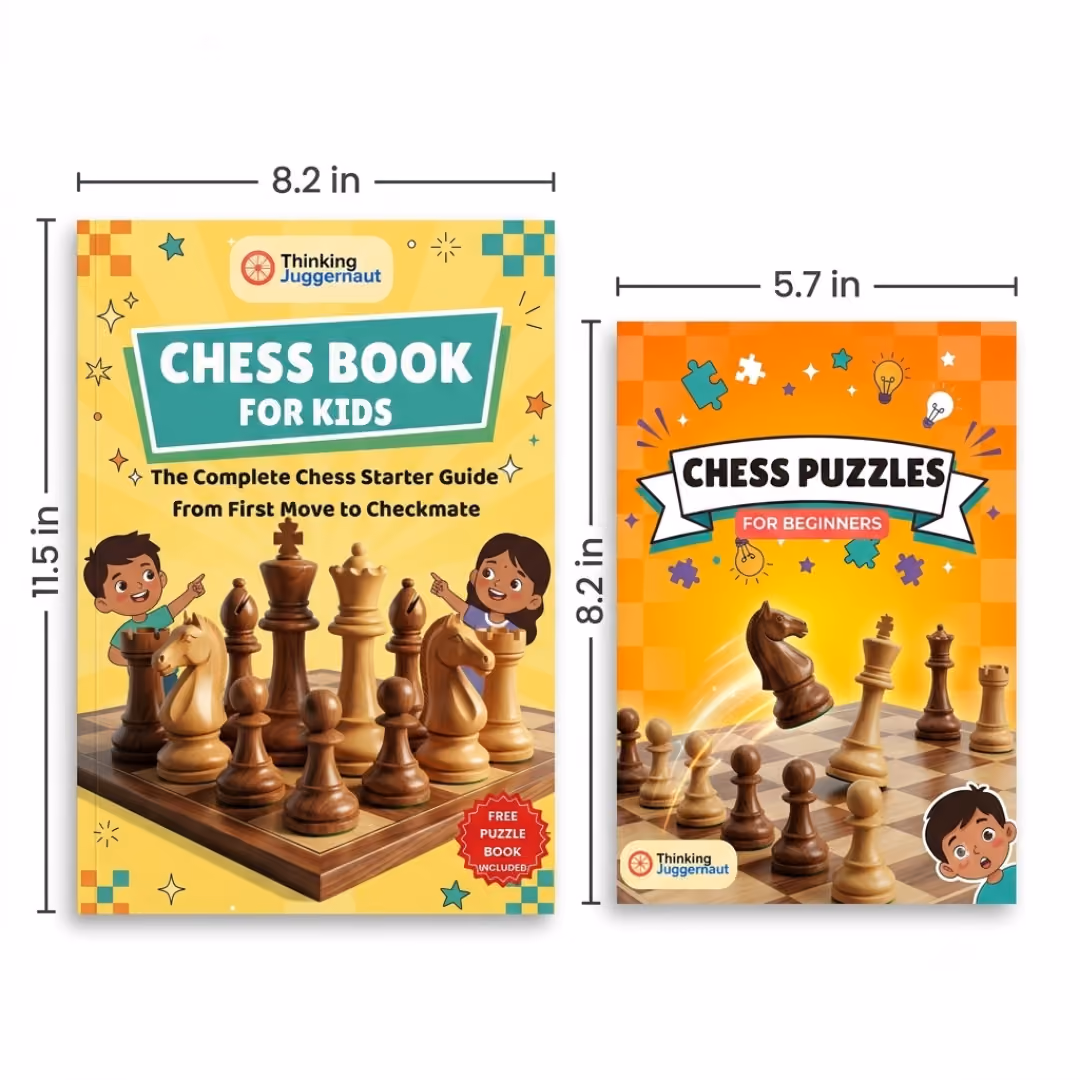 Two chess books for kids. Left book titled 'Chess Book for Kids' shows large wooden chess pieces on a board with two children pointing, subtitle says 'The Complete Chess Starter Guide From First Move to Checkmate'; right book titled 'Chess Puzzles for Beginners' shows smaller wooden chess pieces with a knight mid-air and puzzle pieces around, both books branded Thinking Juggernaut.