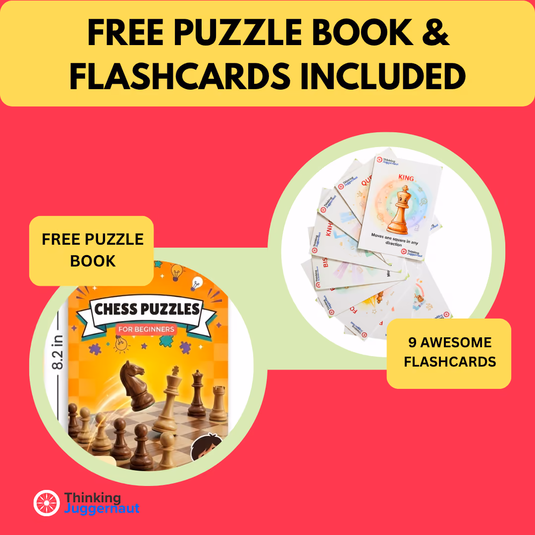 Promotional image with yellow banner text 'FREE PUZZLE BOOK & FLASHCARDS INCLUDED' featuring a chess puzzle book labeled 'CHESS PUZZLES FOR BEGINNERS' and a fan of 9 illustrated chess flashcards, against a red and light green background.