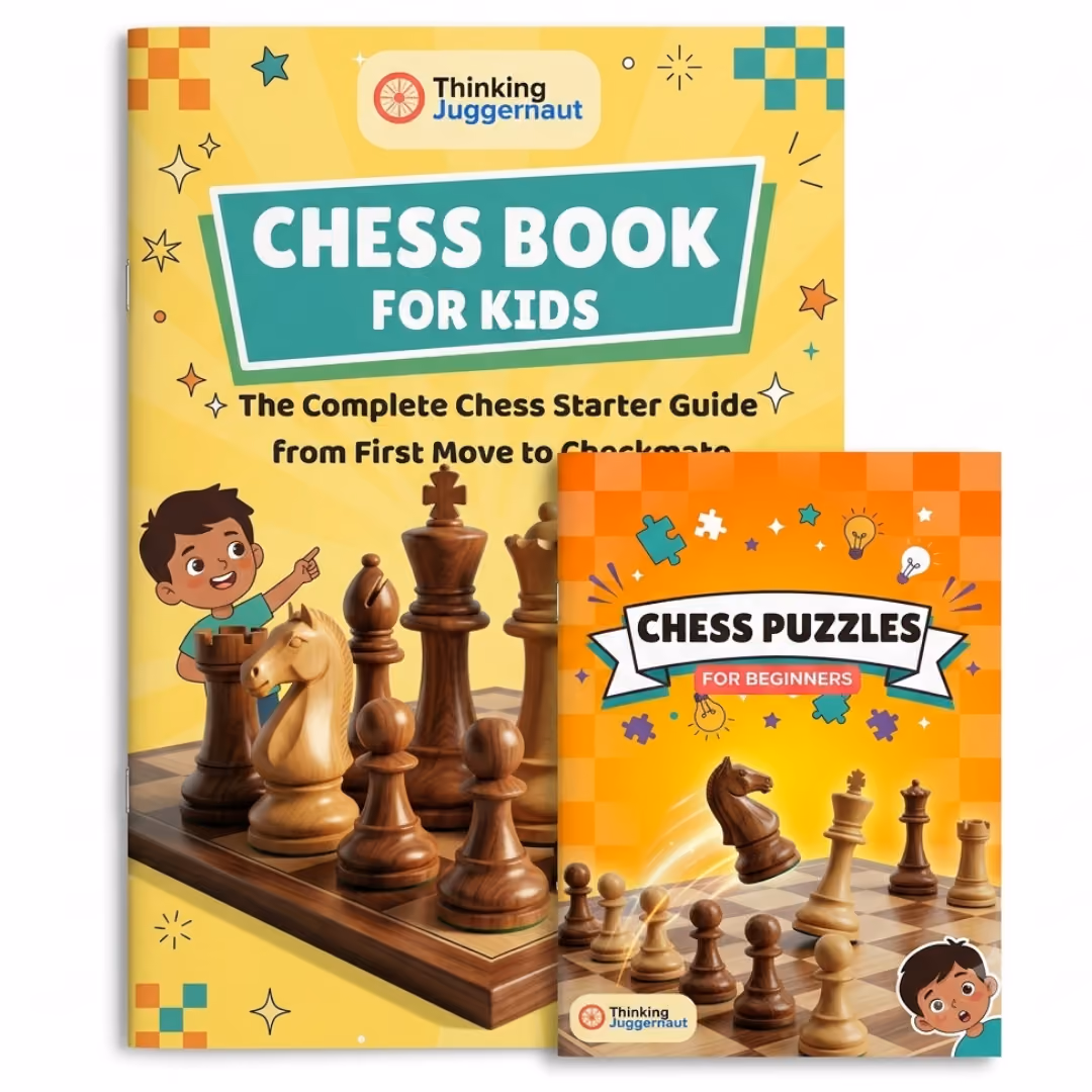 Two colorful chess books by Thinking Juggernaut: a yellow one titled 'Chess Book for Kids' with a subtitle about starting chess from the first move to checkmate and a cartoon boy pointing at chess pieces; an orange one titled 'Chess Puzzles for Beginners' featuring puzzle pieces and a surprised cartoon boy's face with chess pieces on a board.
