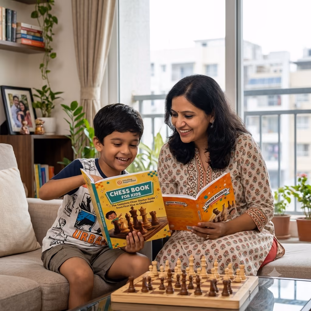 A smiling woman and a boy sitting on a couch, reading chess books titled 'Chess Book for Kids' and 'Chess Puzzles' with a chessboard on the table in front of them, in a cozy living room with plants and a family photo in the background.