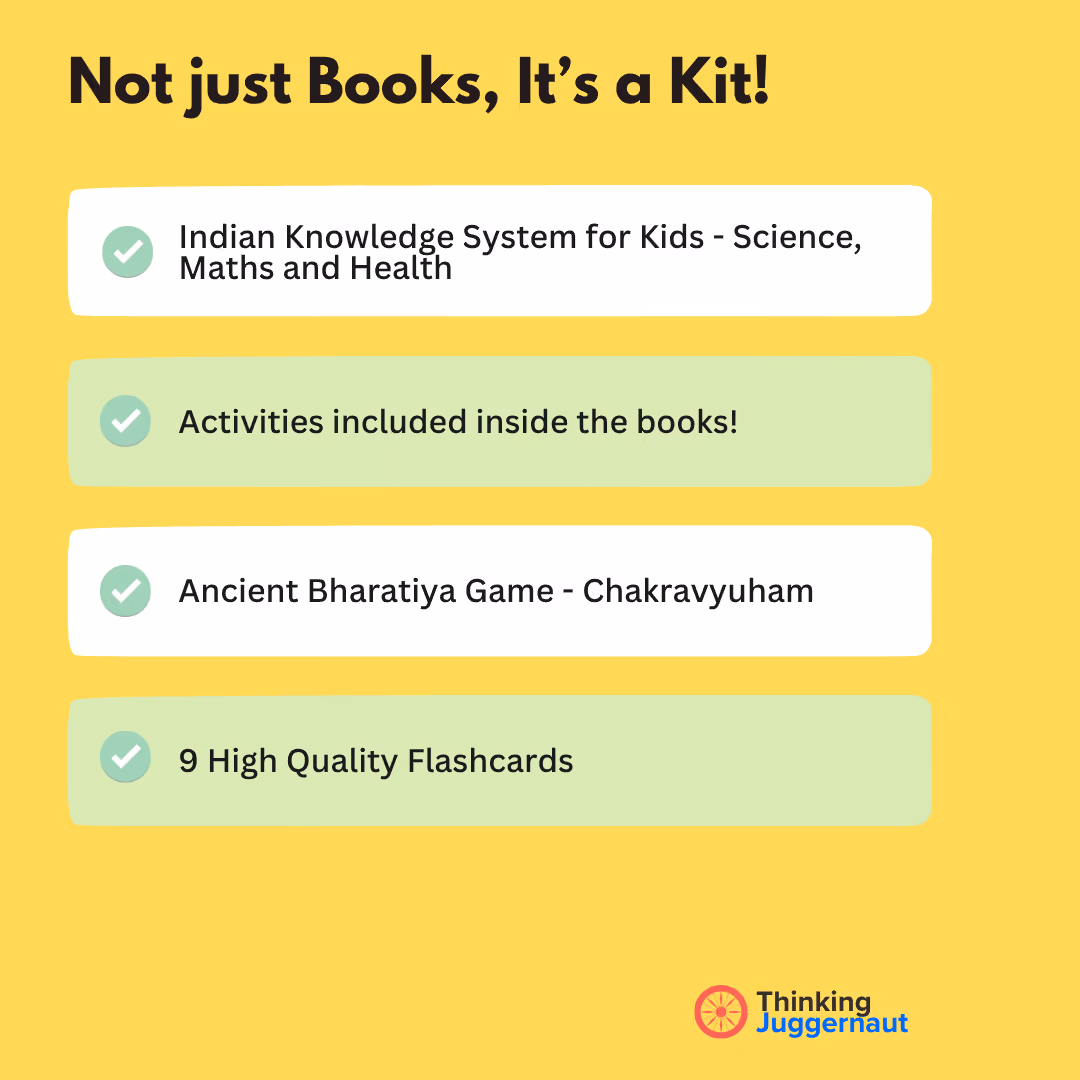 Yellow background with bold text saying 'Not just Books, It's a Kit!' followed by four bullet points with checkmarks: Indian Knowledge System for Kids - Science, Maths and Health; Activities included inside the books!; Ancient Bharatiya Game - Chakravyuham; 9 High Quality Flashcards. Bottom right corner shows Thinking Juggernaut logo.